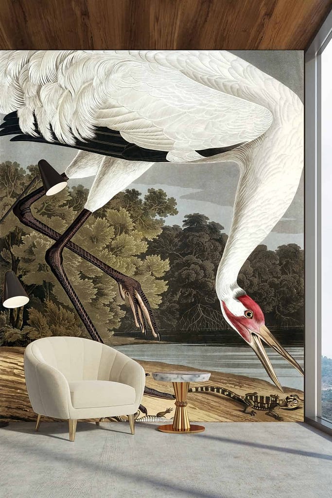 Large mural featuring a detailed painting of a Hooping Crane with its head bent down as if drinking water. Elements include: Hooping Crane, detailed illustration, natural scene. Colors: soft white (crane), shades of gray and black (feathers), muted greens (background foliage), subtle blues and browns (water elements).