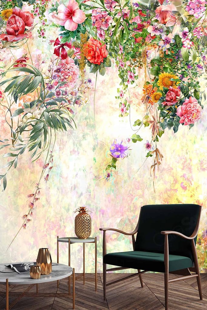 A vibrant floral wall mural features a cascade of pink, red, and orange flowers, symbolizing new beginnings. Colors: pink, red, orange. Elements: cascading flowers.