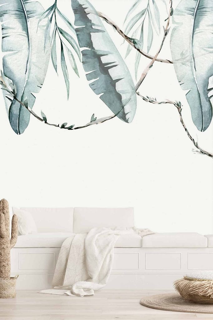 Mural of large, Jungle Falls-inspired watercolor-style tropical leaves; elements: tropical leaves; colors: various shades of green.