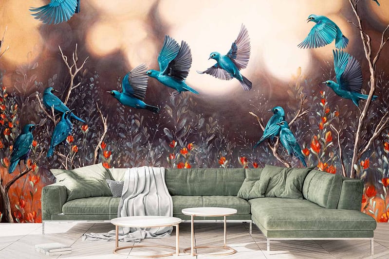 A vibrant mural featuring blue birds in flight, ascending branches with red berries. Elements include: blue birds, branches, red berries. Colors: blue, red.