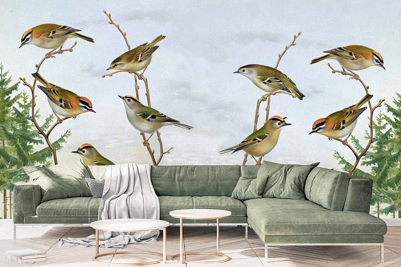 The wallpaper showcases a mural of birds perched on twigs against a serene sky and tree background. Key elements include delicate birds, intricate twigs, and softly blended skies. Colors primarily feature various shades of green, blue, and subtle earth tones to evoke a peaceful natural setting.