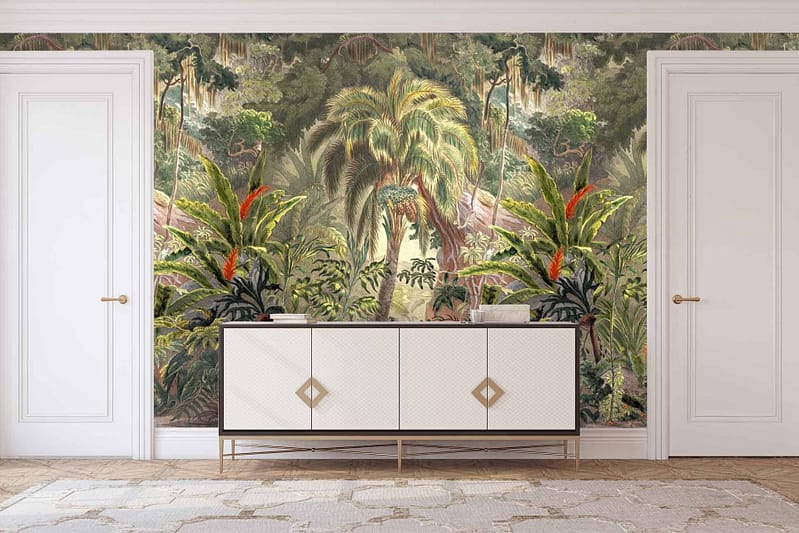 Nature-themed mural, deep tropics, dense jungle foliage, towering palm trees, lush greens, various shades of green, tropical plants.