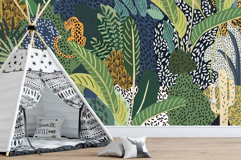 Vibrant mural, lush greenery, spotted jungle cat. Elements: leaves, trees, big cat. Colors: green, yellow, black.