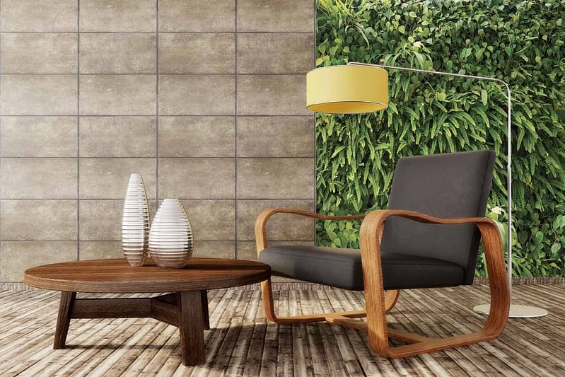 The wallpaper features a green vertical garden, with natural hues of lush plants. It contrasts against tiled walls and complements wooden flooring. Key elements include greenery and nature-inspired tones.
