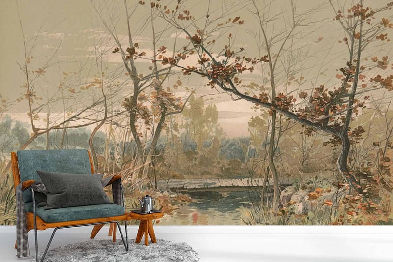 The wallpaper is a mural depicting a serene, autumnal woodland scene. It features bare trees, fallen leaves in earthy tones, and a tranquil pond. The color palette includes shades of brown, gold, orange, and blue to evoke nature's calm.