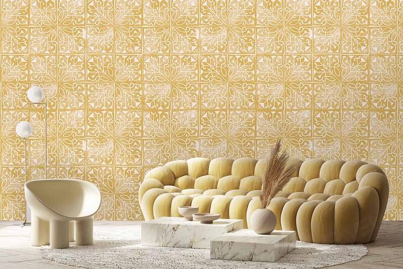 The wallpaper is a patterned yellow trellis design. It features interlocking geometric shapes in a vibrant yellow hue against a white background.