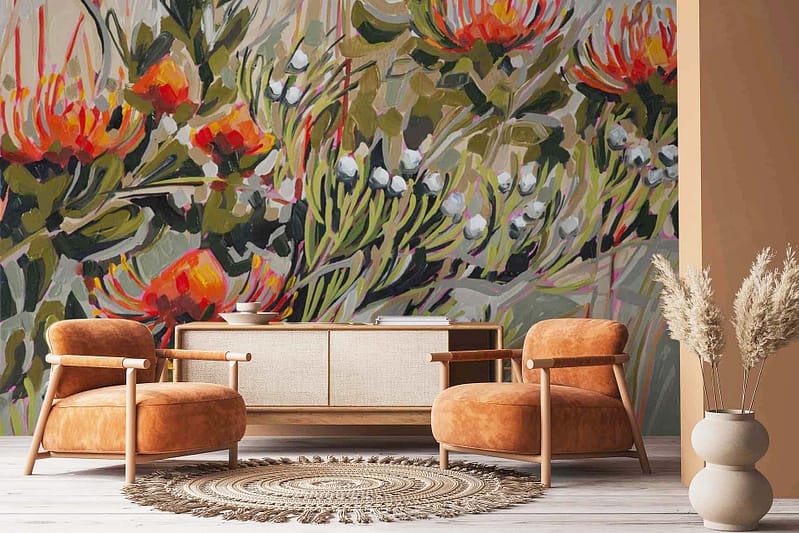 The wallpaper features a vibrant, floral mural with orange and red flowers, green foliage, and small white buds—reminiscent of Abstract Pincushion Proteas. This artistic touch includes rich hues and detailed botanical elements.