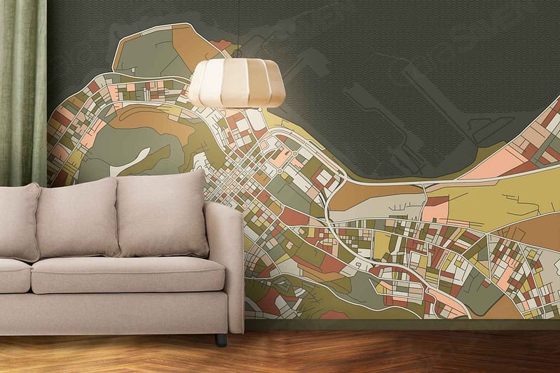 The wallpaper is a large, colorful map mural depicting an abstract, detailed urban area. It features various shades of green, brown, red, and orange.