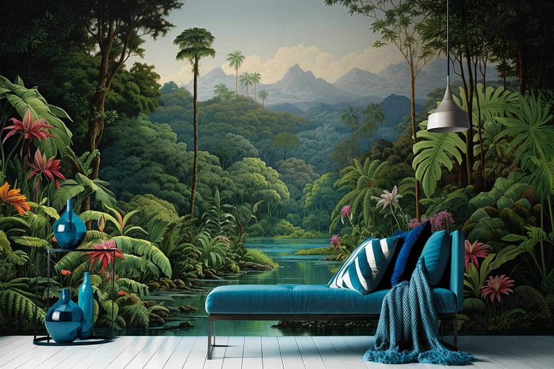 A vibrant, lush forest mural with deep greens, earthy browns, and pops of vibrant flora decorates the wall. The serene backdrop is filled with detailed trees, foliage, and subtle hues of sunlight filtering through the canopy.