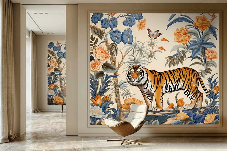 Elegant room with marble flooring, featuring a large, colorful wall mural as the focal point. The wallpaper depicts a vibrant tiger amidst lush flowers and foliage in shades of blue, orange, and green. A butterfly adds an additional touch of nature to this wildlife sanctuary tableau.