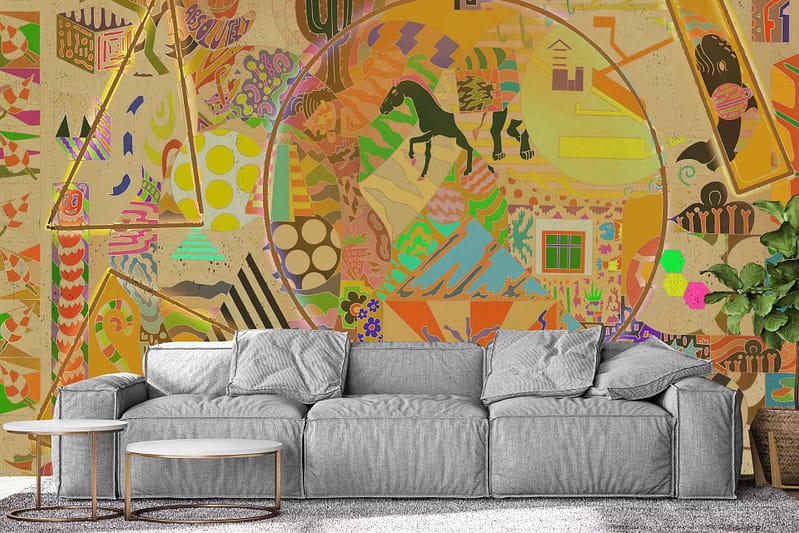 Colorful abstract mural, Dream Walk style, various patterns, shapes, central circular design.