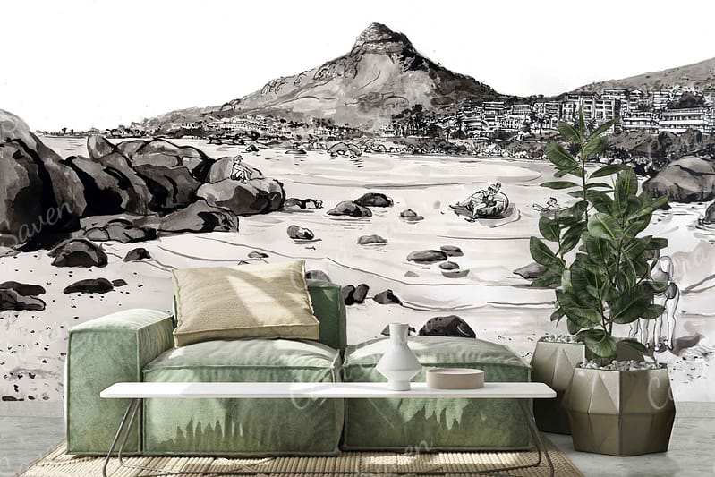 The wallpaper showcases a black-and-white landscape image featuring a rocky beach, hills, and distant buildings. Key elements include rocks, hills, and structures in grayscale tones.