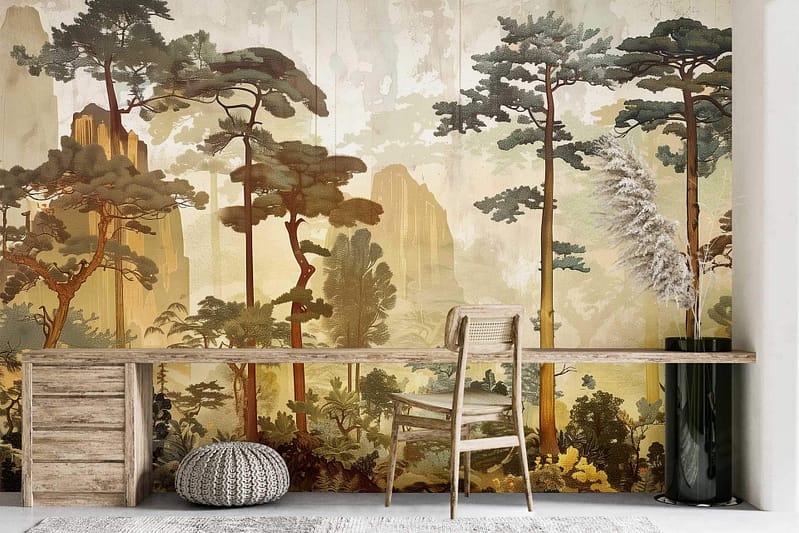 A serene wallpaper mural features a vintage forest scene with tall trees and misty mountains. The colors include soft greens, muted blues, and gentle grays, creating a tranquil and nostalgic atmosphere ideal for crafting dramatic performances.