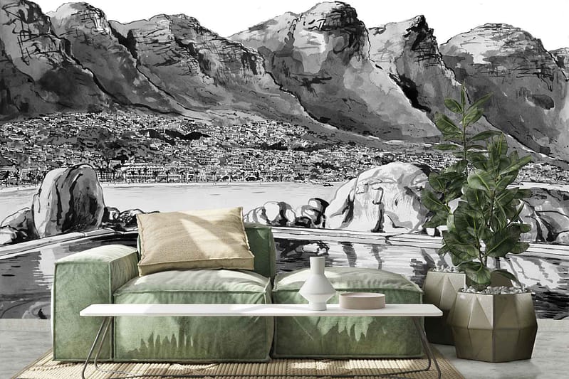 The "ParkWall" mural wallpaper features a black and white design showcasing rocky mountains and a small village near water.