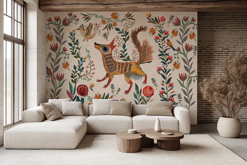 Colorful mural; whimsical fox; vibrant flowers; lush foliage; dawn serenity; bright hues; earthy tones; artistic design.