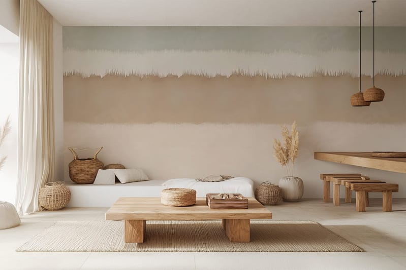 Textured wallpaper with subtle tones, featuring soft beige and cream hues. Hints of muted earth colors can be found, resembling natural elements.