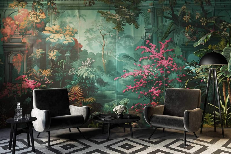 Lush tropical mural with vibrant green foliage, featuring vivid pink and yellow flowers. Elements of nature-inspired atmosphere in wallpaper design.