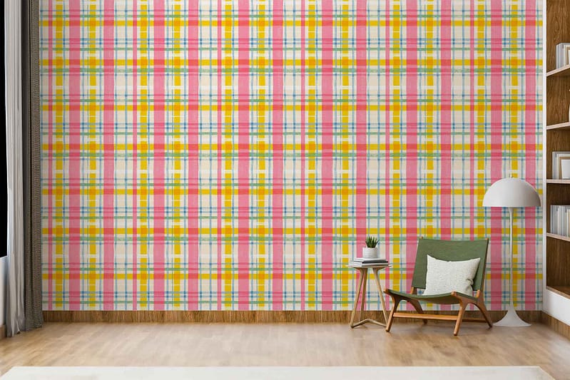 Colorful plaid-patterned wallpaper featuring various colors in intersecting lines and squares.