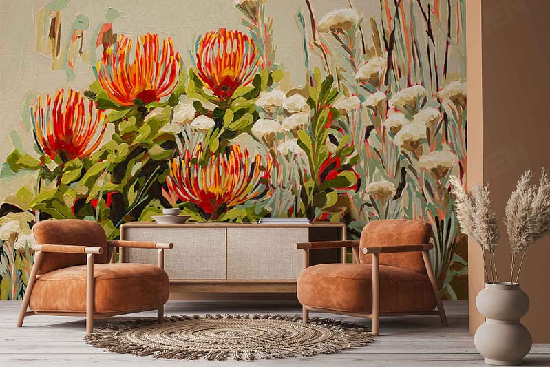 Vibrant floral wallpaper from the Transition series featuring large red and yellow pincushion flowers and lush greenery.