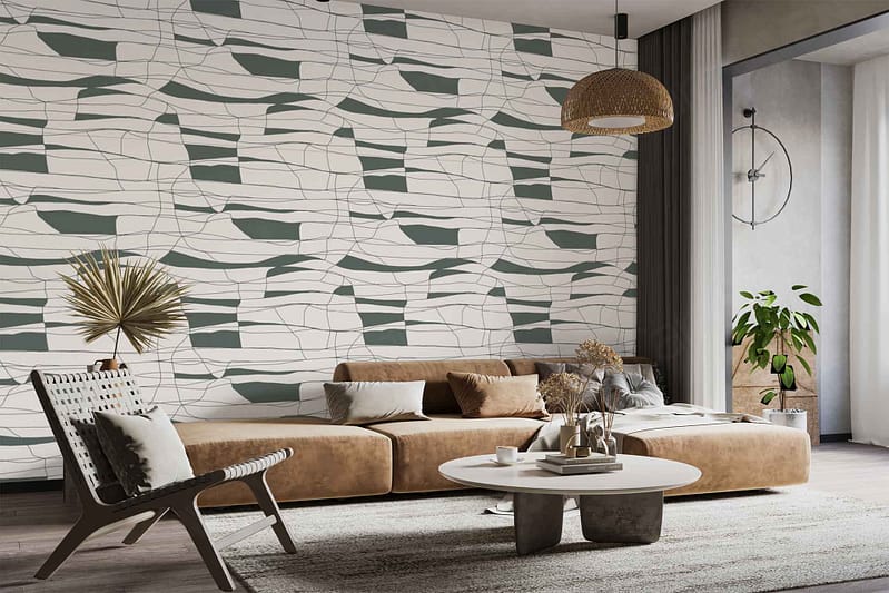 The feature wall is covered in geometric wavy patterned wallpaper, showcasing undulating lines and curves in shades of gray and white. The design alternates between light gray, medium gray, and crisp white, creating a modern visual texture with rhythmic, abstract waves. This contemporary wallpaper serves as a striking backdrop while maintaining a neutral color palette that complements the room's decor.