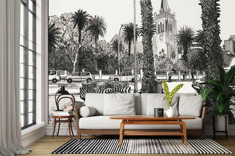 Black-and-white cityscape mural wallpaper inspired by Eyes On Long St; features palm trees, detailed urban buildings, and classic cars. Monochrome color palette with bold contrasts. Urban street scene elements dominate the design.