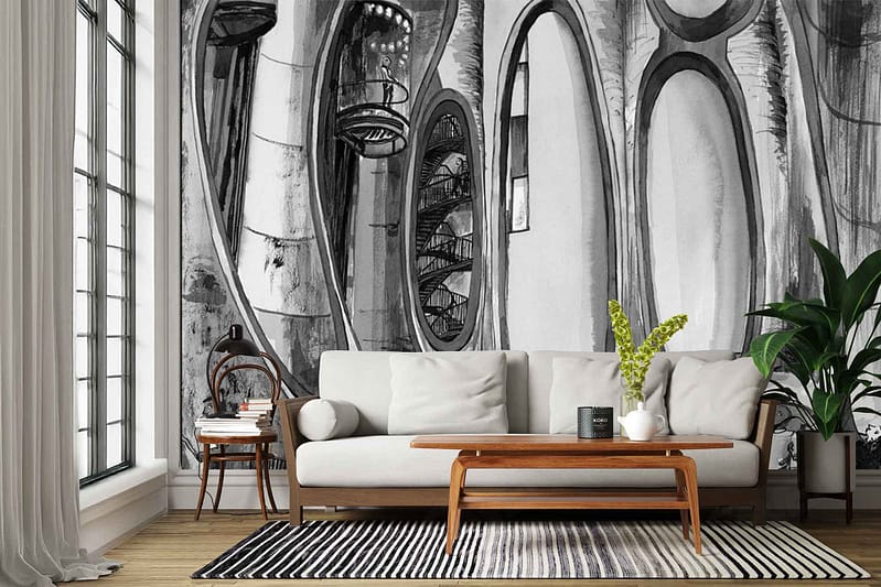 The wallpaper features a dramatic black-and-white architectural mural, showcasing bold monochrome lines and intricate urban details, with contrasting shadows and highlights that depict modern building forms. The design is characterized by sharp angles, geometric shapes, and a striking grayscale palette.