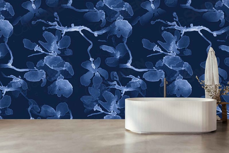Blue floral-patterned wallpaper with large, abstract Silk Wings design; features prominent blue hues and expressive floral shapes.