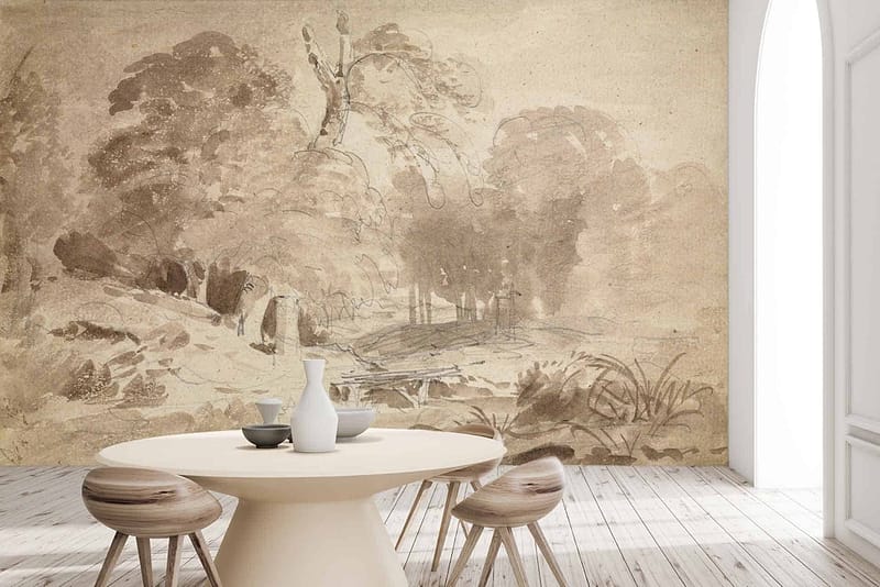 The wallpaper is a large, sepia-toned mural of a serene forest landscape.