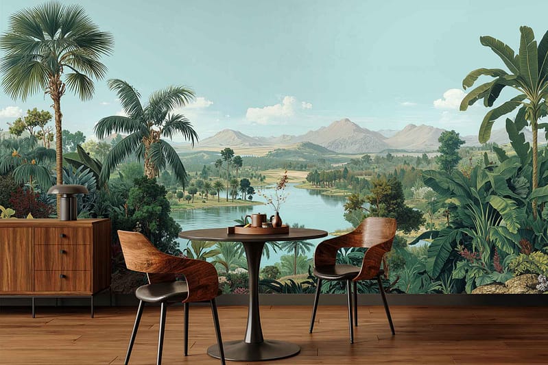 Tropical nature wallpaper with lush green plants, a winding river, blue mountains in the distance, and a clear blue sky.