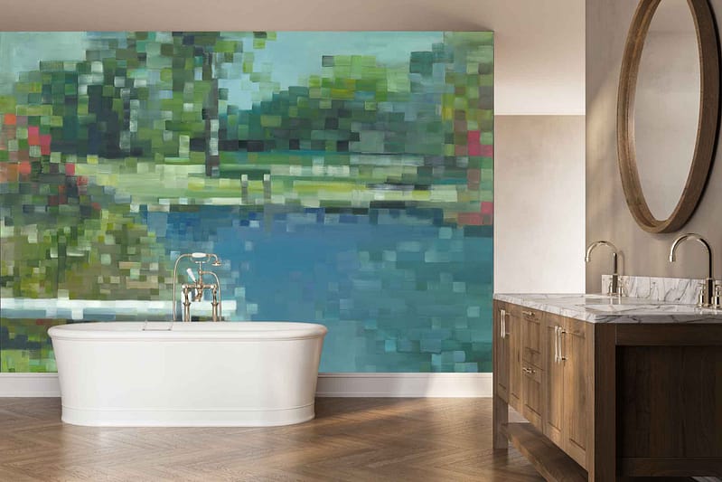 Large wall mural with a pixelated landscape featuring blue water, green trees, lush greenery, and earthy tones. The wallpaper emphasizes digital art style with vibrant natural colors and distinct pixel shapes.