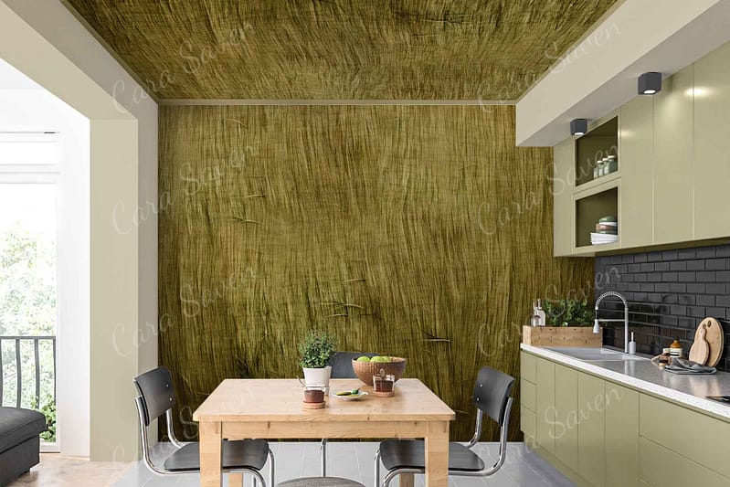 Textured green pattern, imperfect, charming, wall and ceiling.