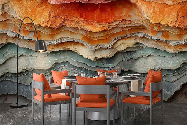 A dramatic, layered rock wall mural in shades of orange, brown, and blue acts as a stunning backdrop reminiscent of a Painted Horizon.