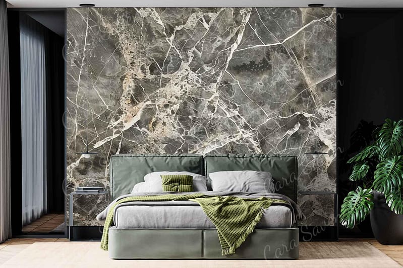 The large accent wall features a unique marble pattern, predominantly in shades of white and gray with subtle hints of green. The intricate veins within the marble create a dynamic texture, blending seamlessly with the room’s natural theme. Marble, gray, white, green veins.