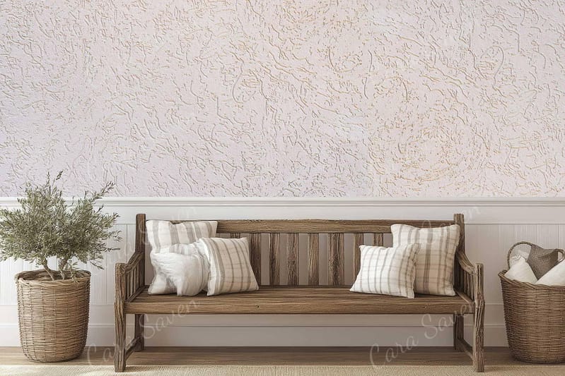 Roughed-up, textured light-colored wallpaper featuring subtle variations in shades of cream, beige, and off-white. It offers a rustic, weathered appearance with occasional hints of gray and taupe for depth. This wallpaper evokes a cozy yet minimalist aesthetic in the space.