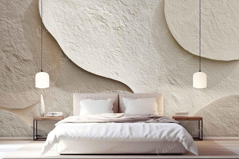 The wallpaper is textured beige with abstract, layered shapes, creating a modern look through its subtle patterns and neutral tones.