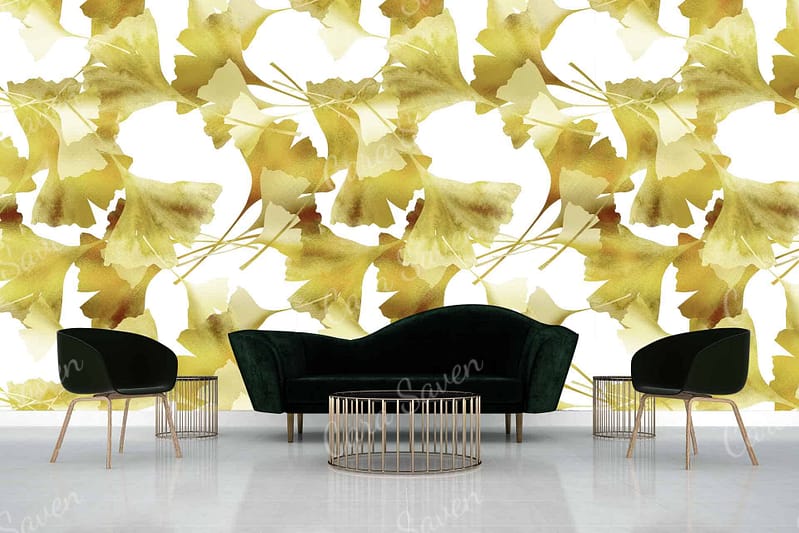 Bold wallpaper with large yellow and green leaf patterns