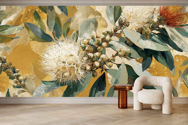 Abstract wallpaper with oversized flowers and lush green leaves on a gold and beige background, featuring bold floral elements and rich colors.