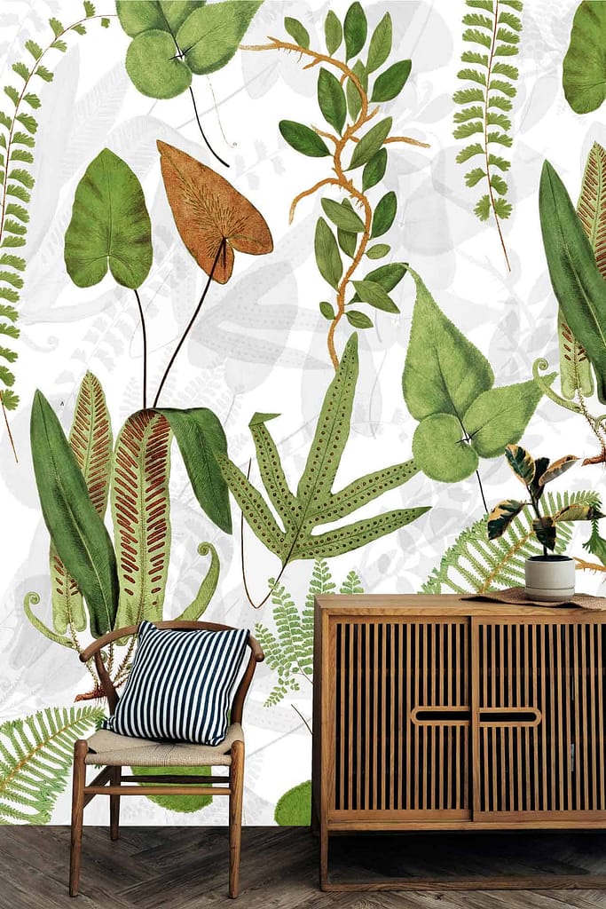 The wallpaper features a vibrant botanical design, showcasing various green and brown leaves and ferns. Key elements include intricate patterns of foliage that mimic what a botanist might study. The rich green hues are complemented by warm browns, creating a lush, natural backdrop ideal for bringing the outdoors inside.