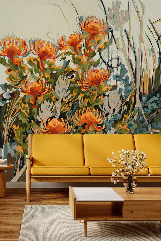 Colorful floral wallpaper with large orange and green flowers dominates the backdrop, featuring vibrant botanical patterns.