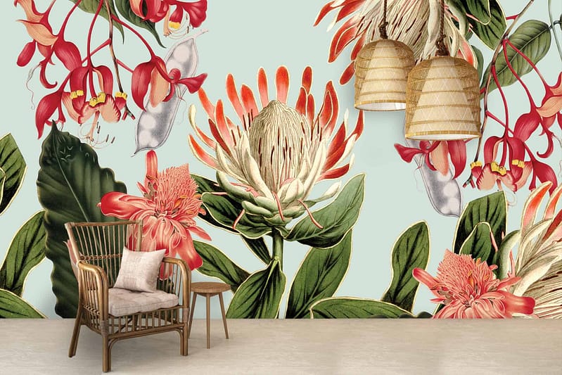 Wall features: illustrated floral mural, vibrant red and orange flowers, lush green leaves, light blue background.