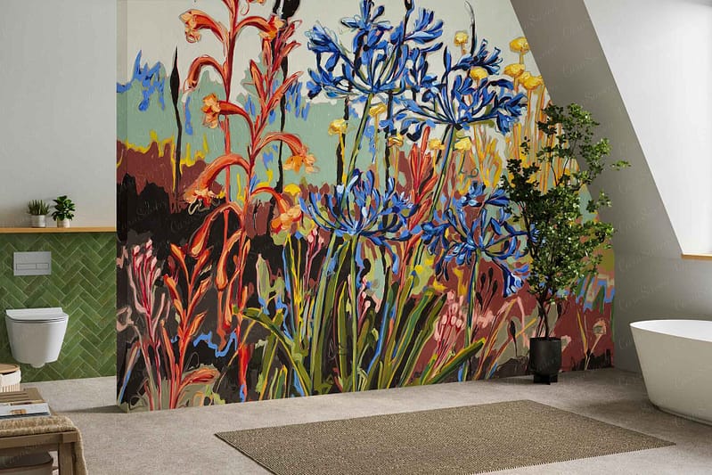 Abstract floral mural wallpaper featuring vibrant red and blue flowers on a modern bathroom wall.