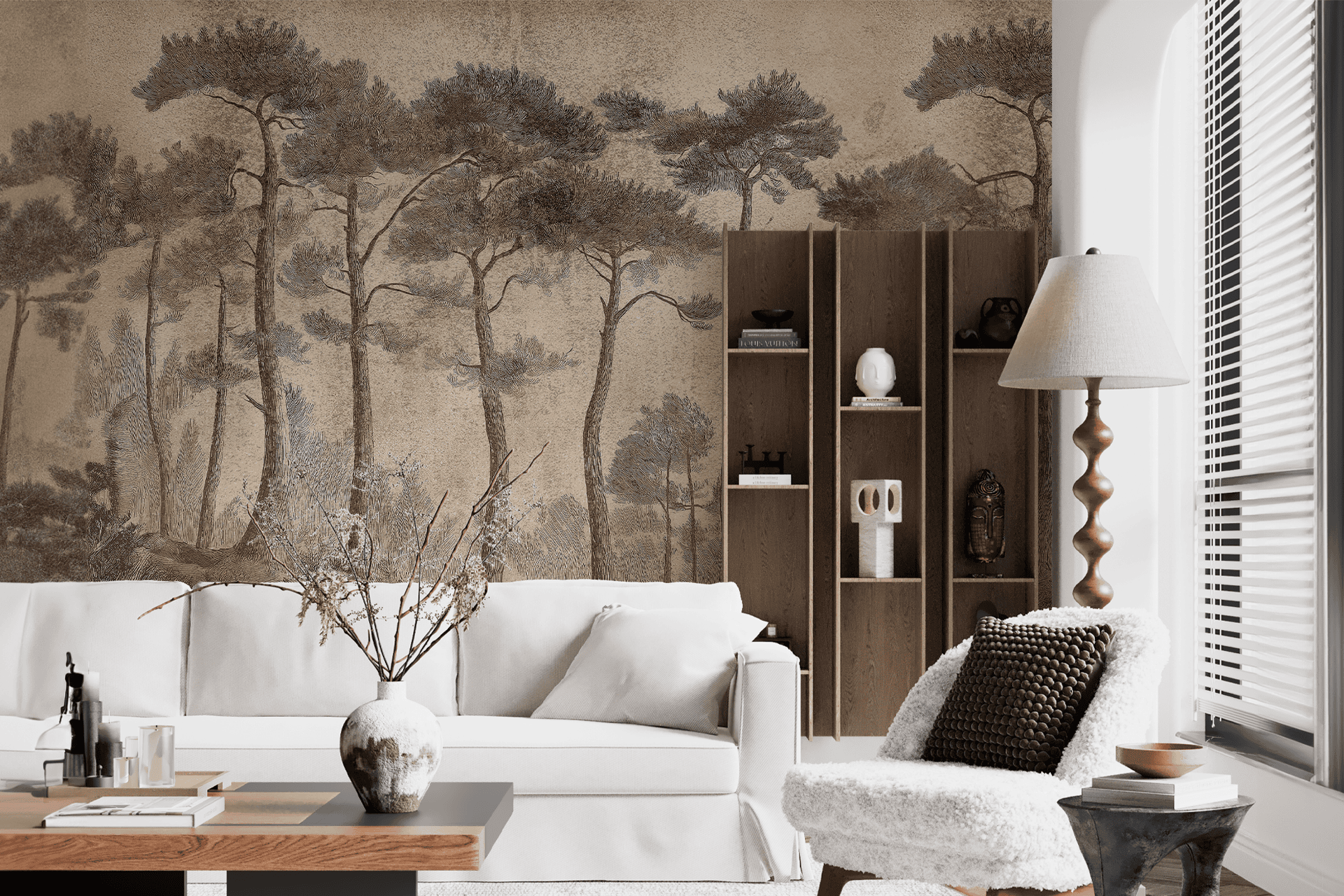 A large mural adorns the wall, featuring tall, slender trees in shades of green, gray, and brown. The exotic forest scene evokes distant, mysterious destinations with its detailed foliage and textured bark patterns.