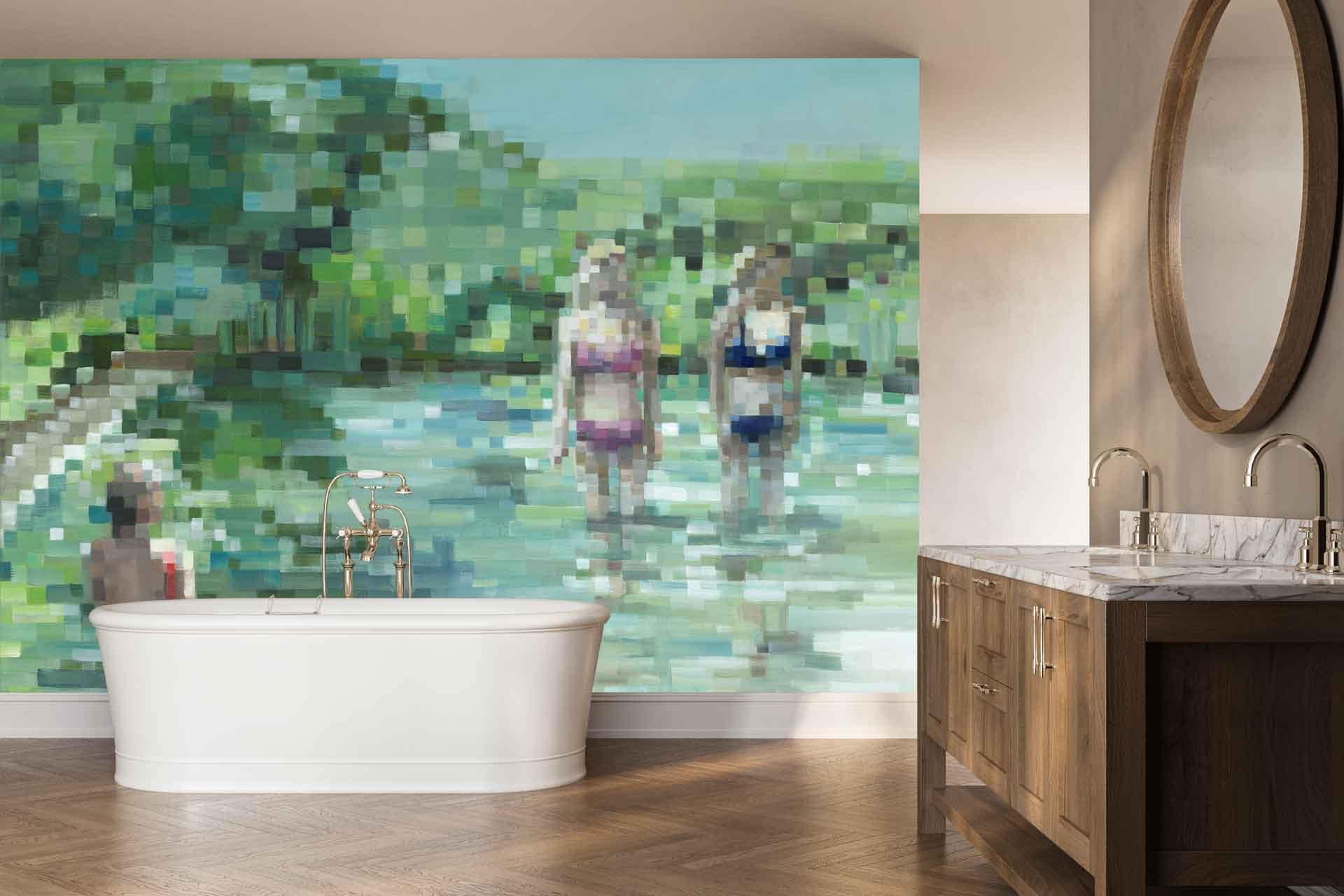 Pixelated mural wallpaper depicts people wading in water, surrounded by green foliage and outdoor scenery; dominant colors include shades of blue, green, and muted earth tones.