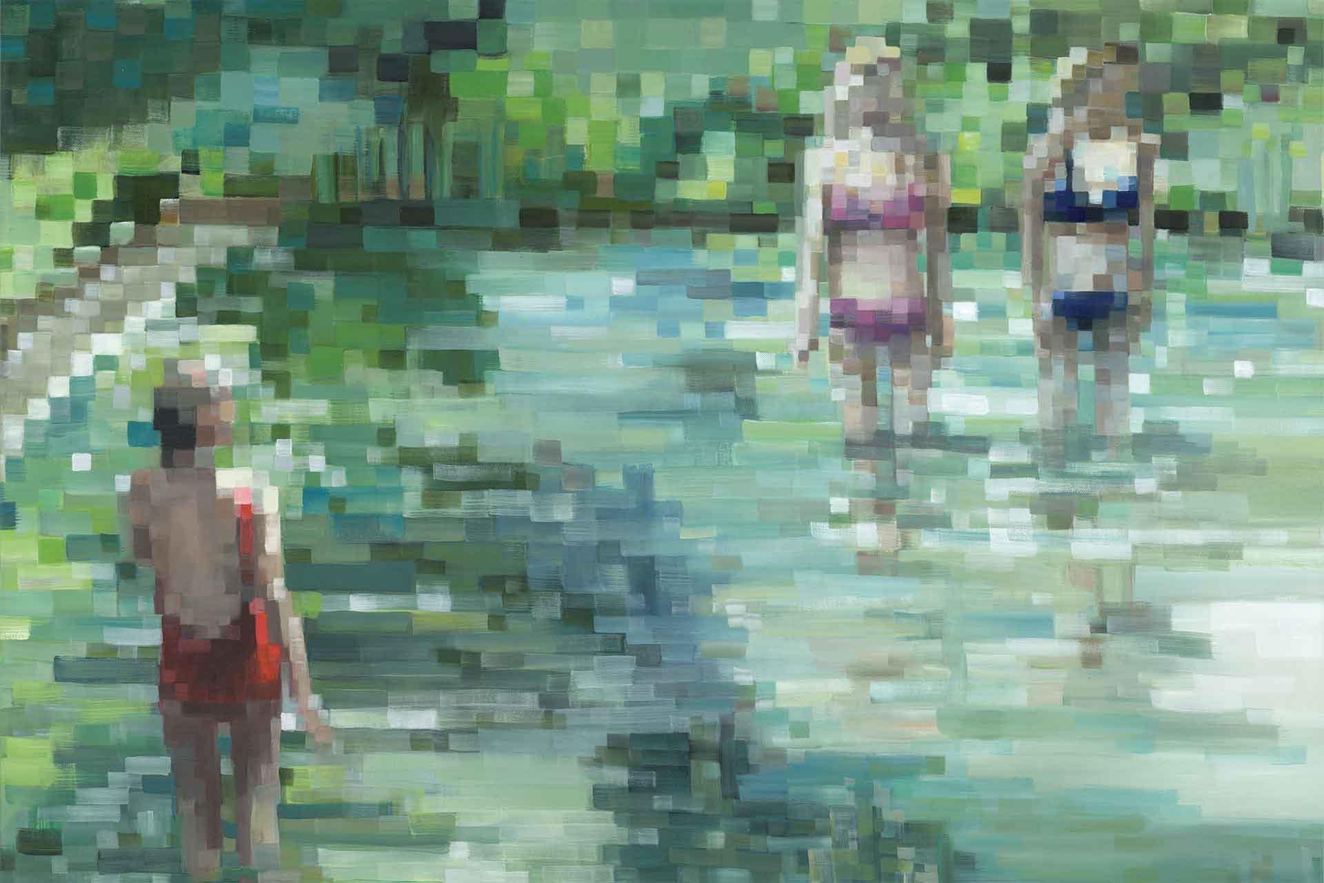 Pixelated wallpaper with lush green foliage surrounding bright teal and blue water, creating a tranquil nature scene. Hints of earth tones blend into the water’s edge, showcasing greenery contrasted by shimmering reflections.