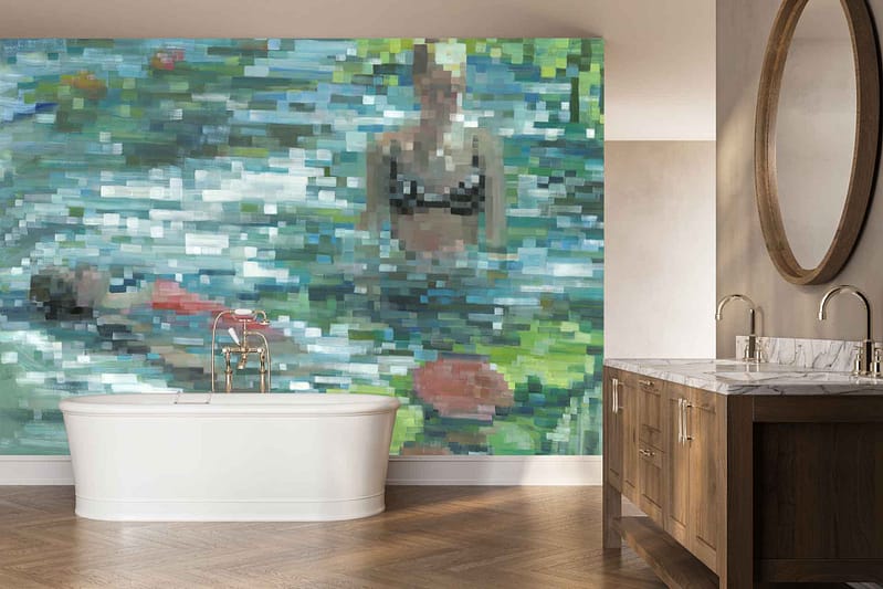 Large, pixelated mural wallpaper titled "Water Forgets" covers the wall behind the bathtub, showing two people swimming outdoors. The design uses bold colors and blocky shapes, with prominent blues, greens, and skin tones emphasizing a modern aquatic theme.