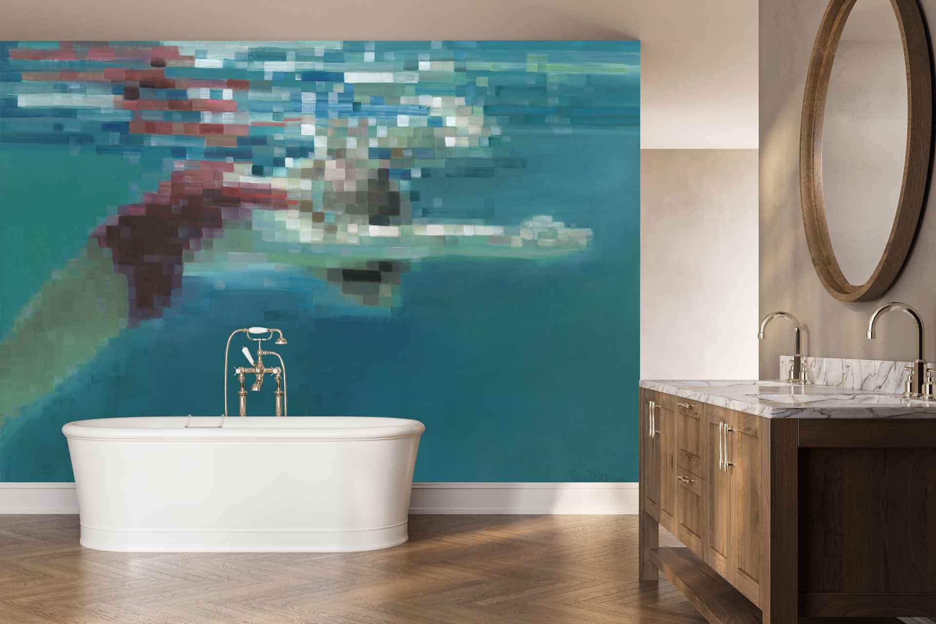 Large, pixelated wallpaper mural of an underwater swimmer in motion, featuring blue and aqua tones with hints of white and the visual effect of trailing movement.