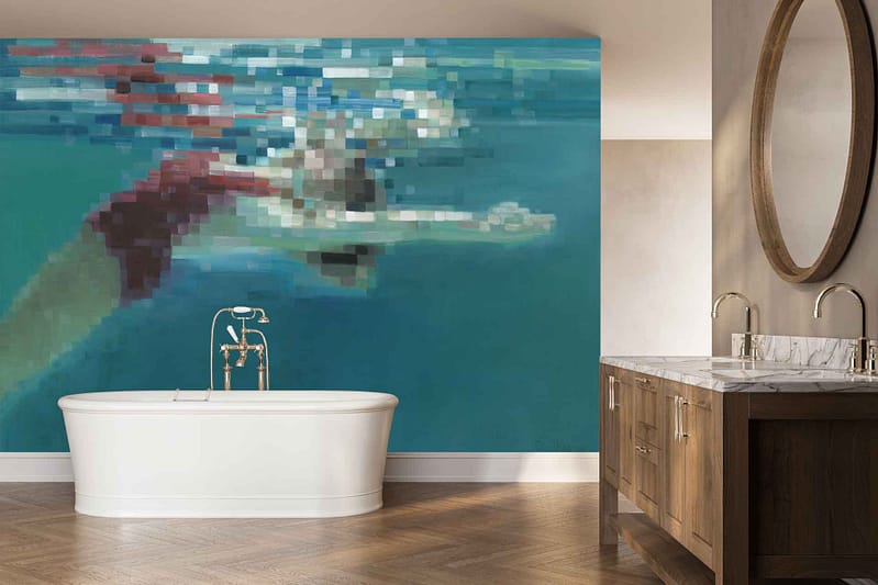 Large, pixelated wallpaper mural of an underwater swimmer in motion, featuring blue and aqua tones with hints of white and the visual effect of trailing movement.