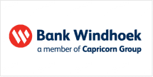 The wallpaper features a red circular emblem with stylized white lines, blue text for "Bank Windhoek," and smaller blue letters reading "a member of Capricorn Group.