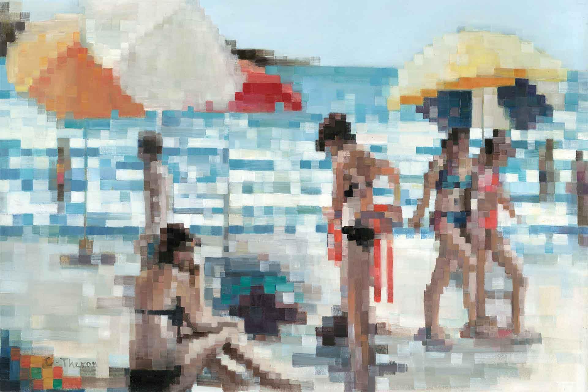 A vibrant, pixelated wallpaper features a summery beach scene with bold umbrellas, relaxing figures in swimsuits, and shimmering ocean tones. The mosaic-like abstract design blends bright blues, sandy beiges, reds, and yellows into a colorful background.