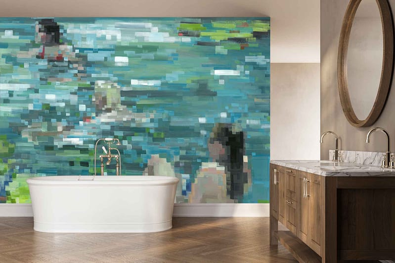 Large wall mural titled "Where Water Forgets" featuring a pixelated image of people swimming in blue and turquoise water, with scattered human figures and abstract shapes in shades of skin tones, navy, and white.